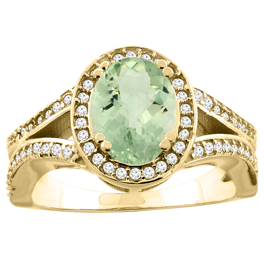 10K White/Yellow Gold Natural Green Amethyst Split Ring Oval 8x6mm Diamond Accent, sizes 5 - 10