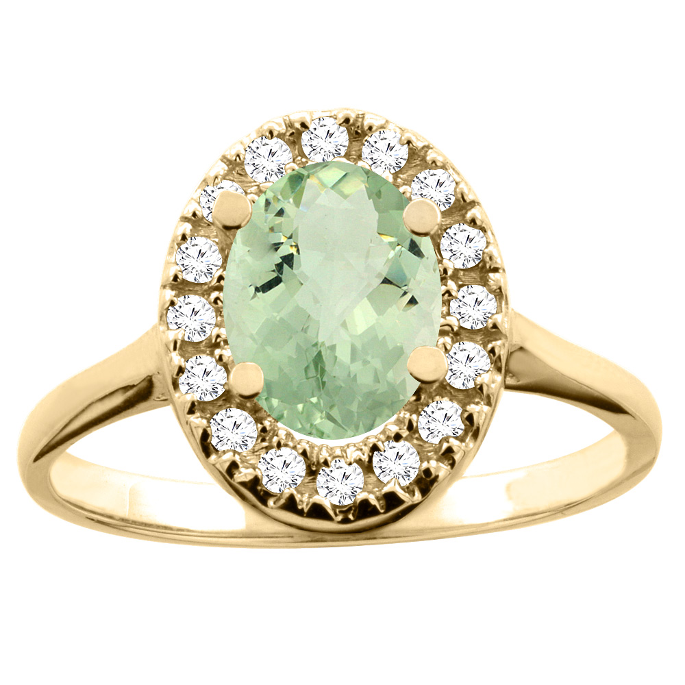 10K White/Yellow Gold Natural Green Amethyst Ring Oval 8x6mm Diamond Accent, sizes 5 - 10