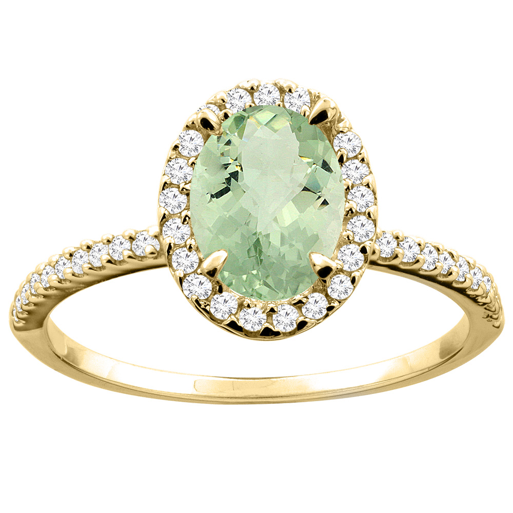 10K White/Yellow Gold Natural Green Amethyst Ring Oval 8x6mm Diamond Accent, sizes 5 - 10