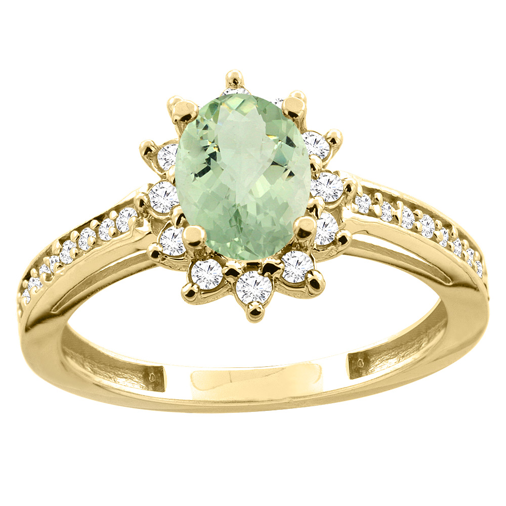 10K White/Yellow Gold Diamond Natural Green Amethyst Floral Halo Engagement Ring Oval 7x5mm, sizes 5 - 10