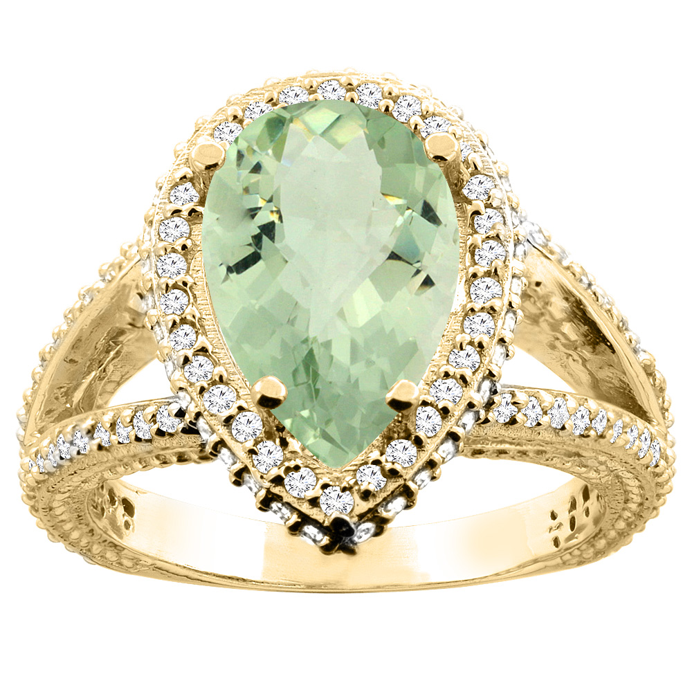 10K White/Yellow Gold Natural Green Amethyst Halo Ring Pear 12x8mm Diamond Accents, sizes 5 - 10