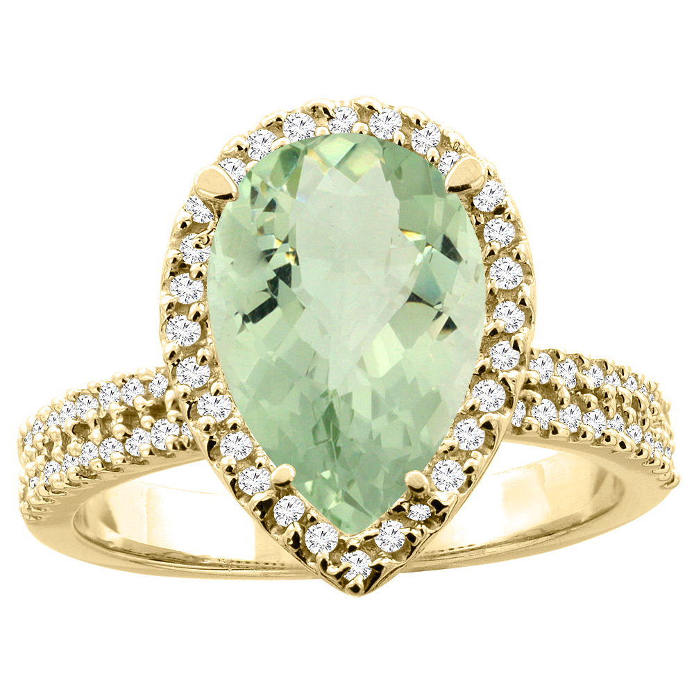 10K White/Yellow Gold Natural Green Amethyst Ring Pear 12x8mm Diamond Accents, sizes 5 - 10
