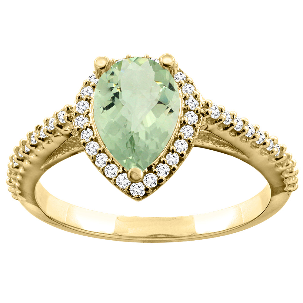 10K Yellow Gold Natural Green Amethyst Ring Pear 9x7mm Diamond Accents, sizes 5 - 10