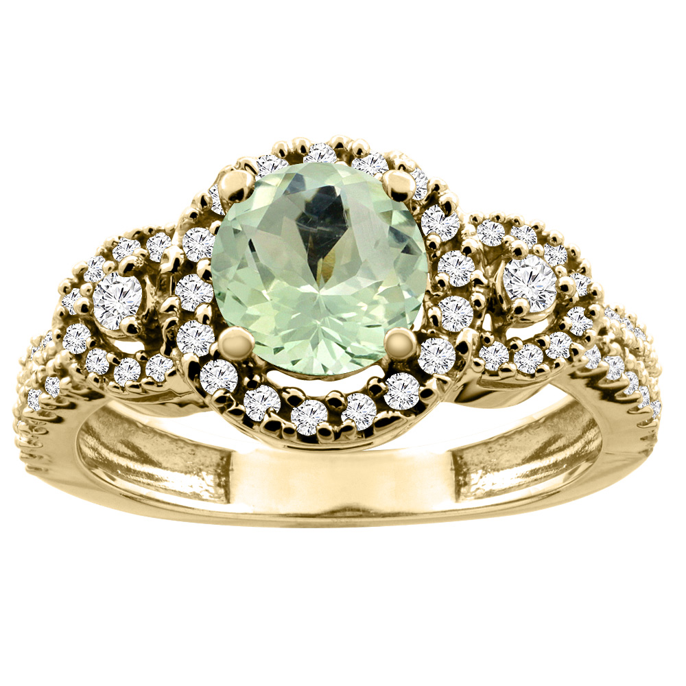 10K White/Yellow Gold Diamond Halo Natural Green Amethyst Ring Round 6mm, sizes 5 - 10