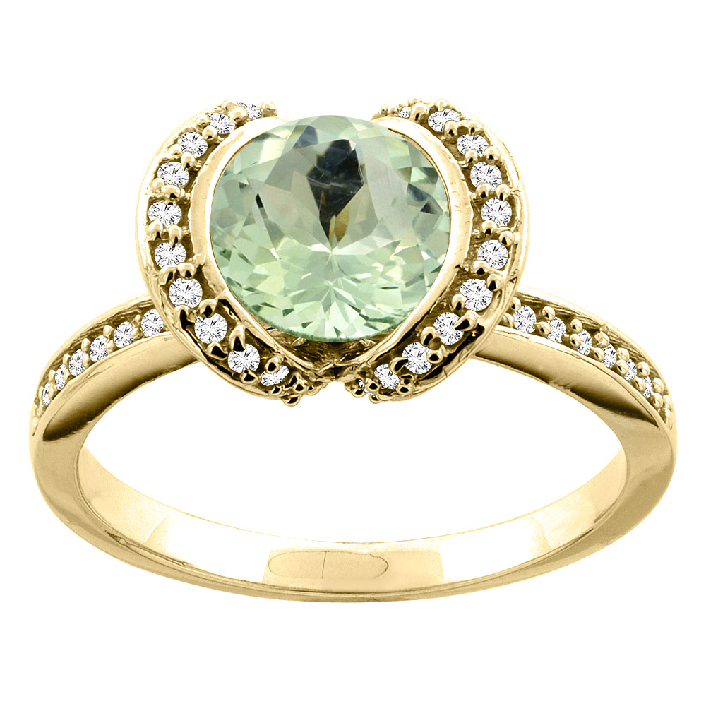 10K White/Yellow Gold Natural Green Amethyst Ring Round 7mm Diamond Accent, sizes 5 - 10