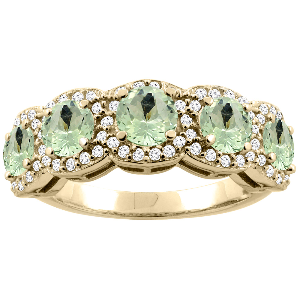 10K Gold Natural Green Amethyst 5-Stone Ring Round 4mm, sizes 5 - 10