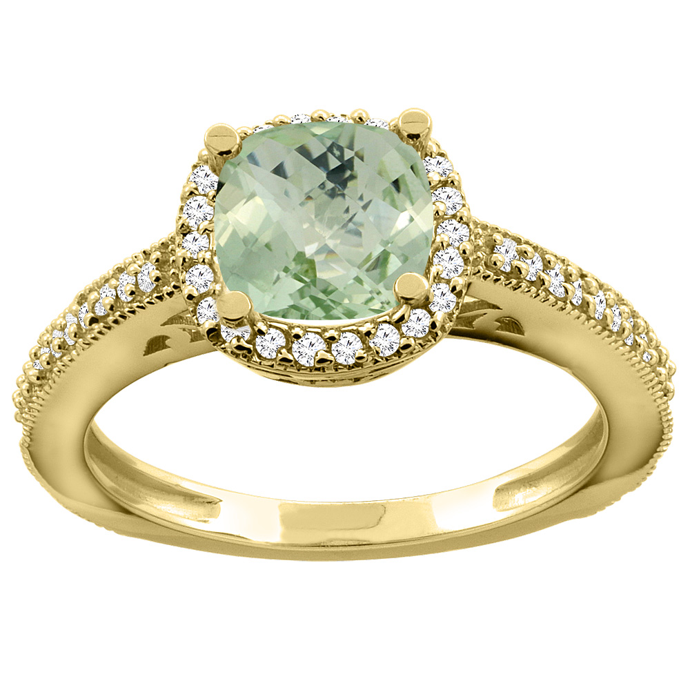 10K Yellow Gold Natural Green Amethyst Engagement Ring Diamond Halo Cushion 7mm, sizes 5 - 10