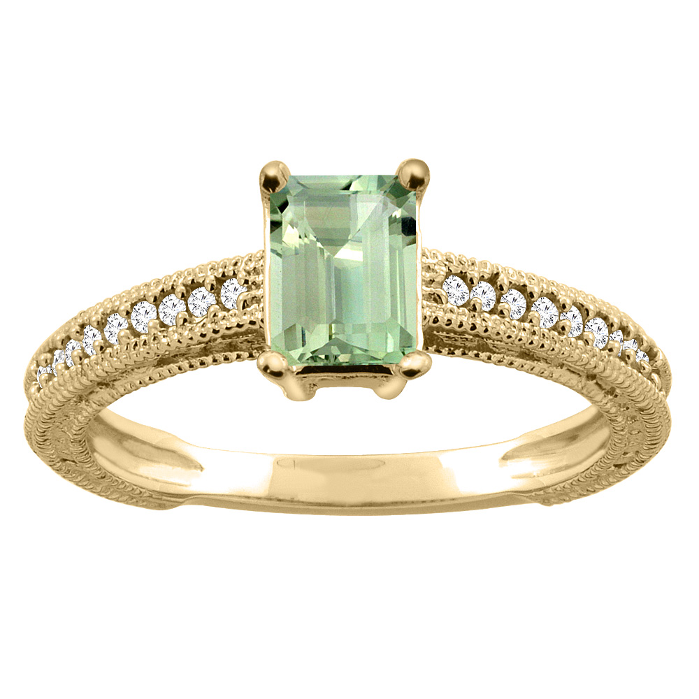 10K Gold Natural Green Amethyst Engagement Ring Octagon 8x6mm Diamond Accents, sizes 5 - 10