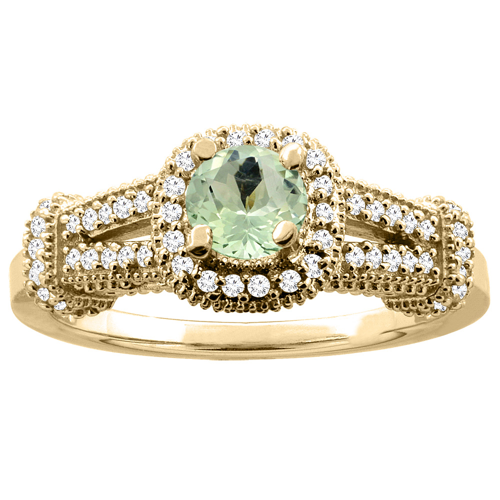 10K Yellow Gold Natural Green Amethyst Engagement Halo Ring Round 5mm Diamond Accents, sizes 5 - 10
