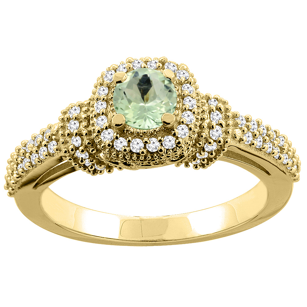 10K Gold Natural Green Amethyst Engagement Halo Ring Round 5mm Diamond Accents, sizes 5 - 10
