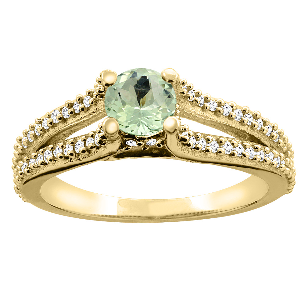 10K Yellow Gold Natural Green Amethyst Engagement Split Shank Ring Round 5mm Diamond Accents, sizes 5 - 10