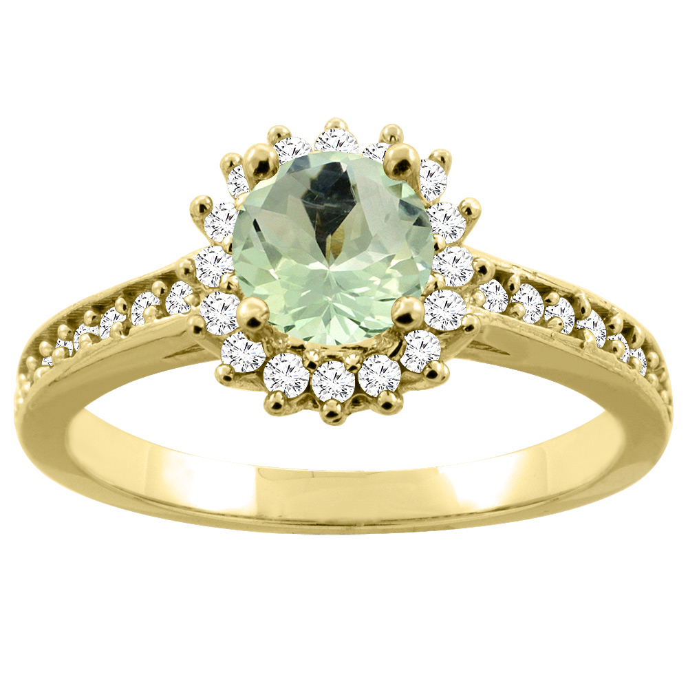 10K Gold Diamond Halo Genuine Green Amethyst Floral Engagement Ring Round 6mm sizes 5 - 10