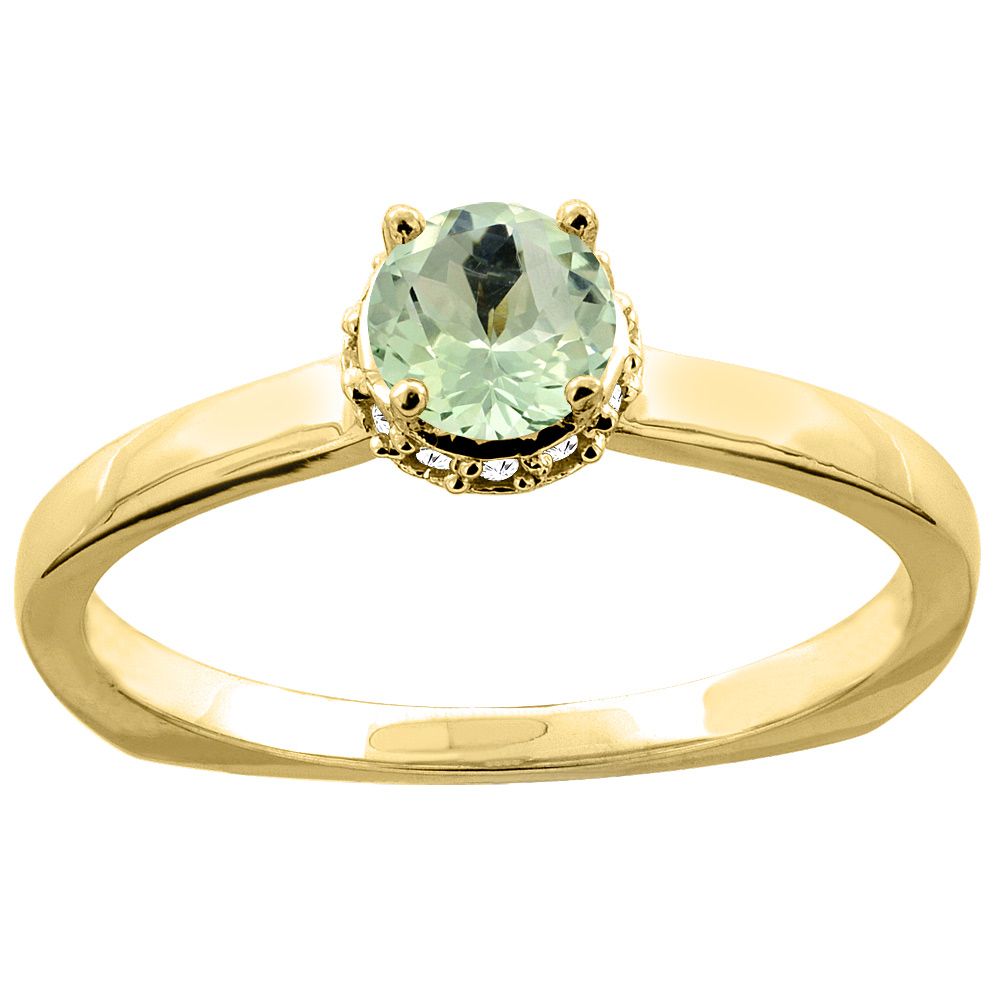 10K Yellow Gold Genuine Green Amethyst Solitaire Engagement Ring Round 4mm Diamond Accents size 9.5