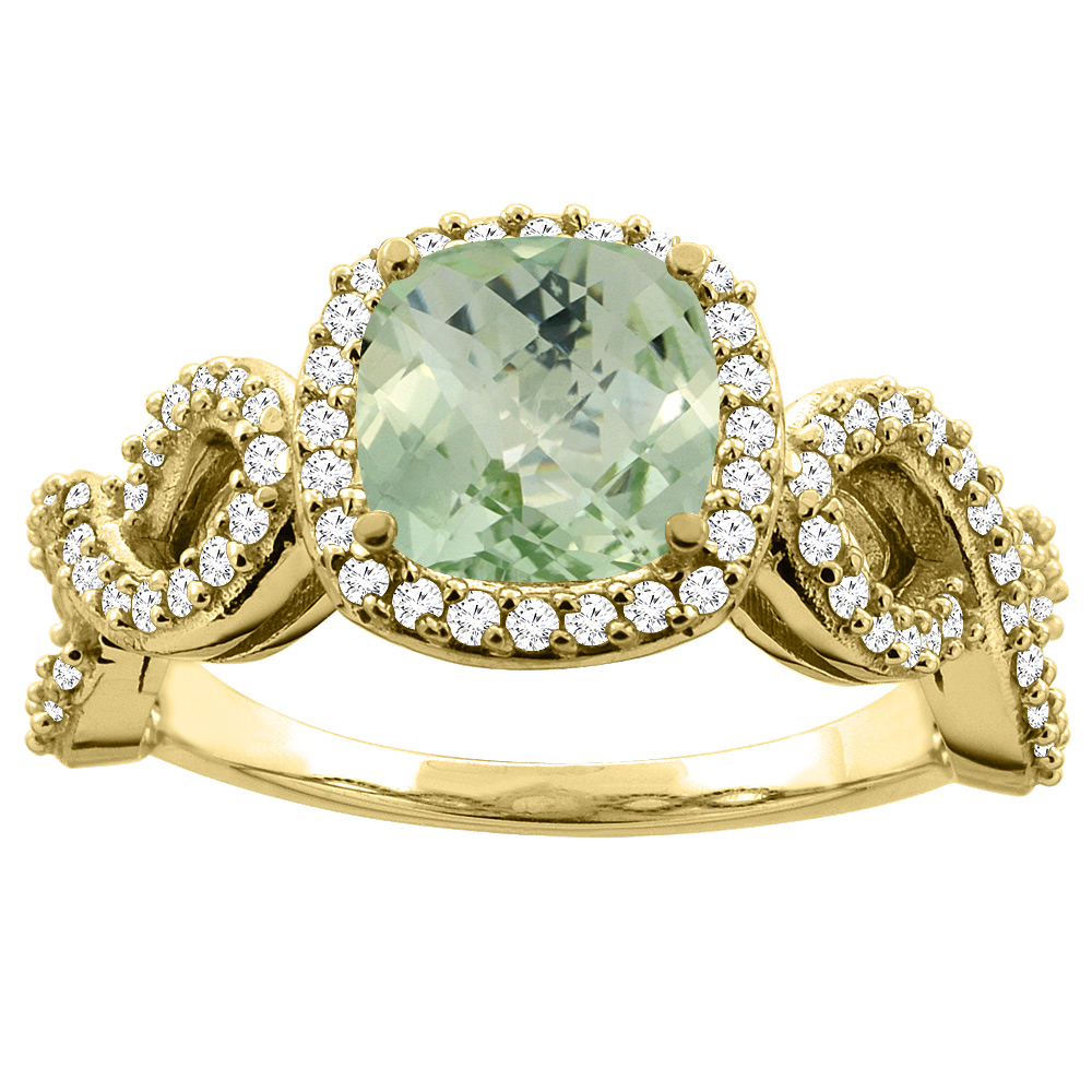 10K Gold Genuine Green Amethyst Engagement Ring Cushion 7mm Eternity Diamond Accents sizes 5 - 10