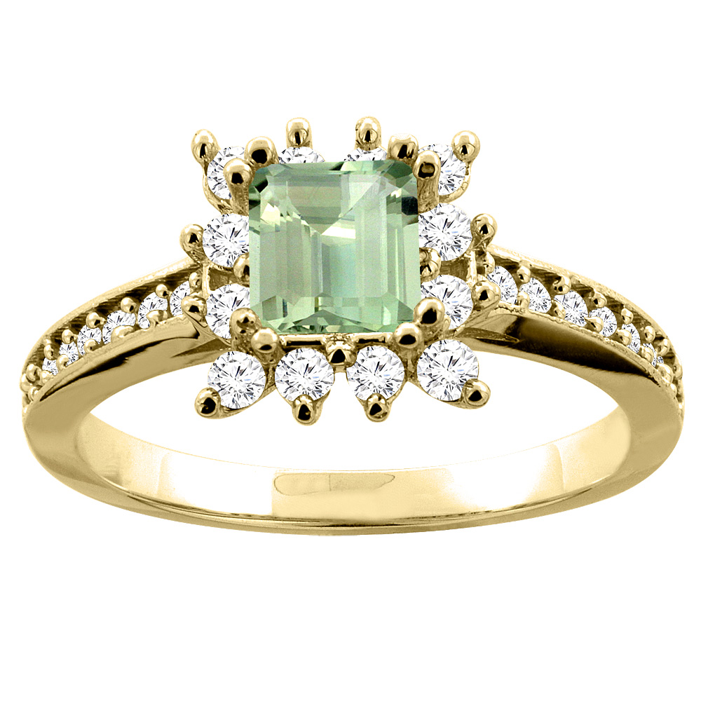10K Yellow Gold Natural Green Amethyst Engagement Ring Diamond Accents Square 5mm, sizes 5 - 10
