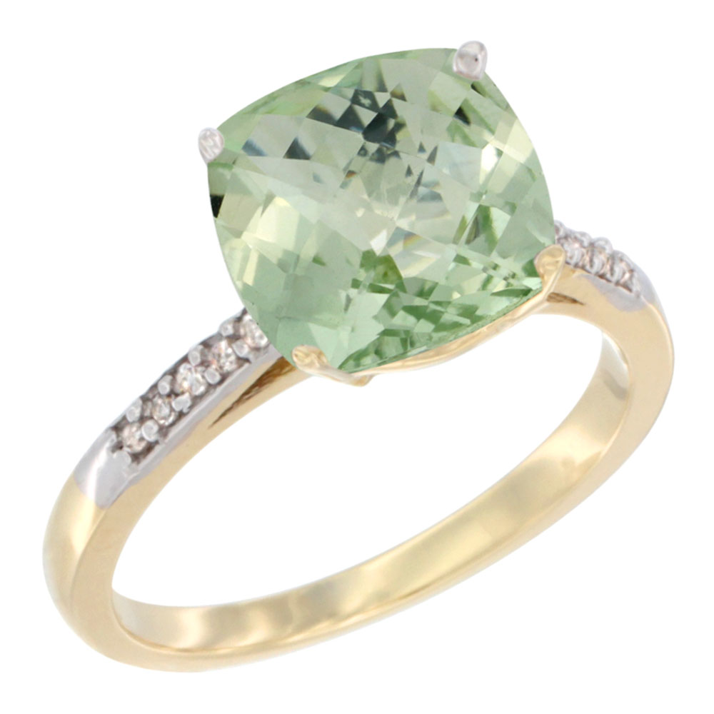 10K Yellow Gold Natural Green Amethyst Ring Cushion-cut 9 mm Diamond accent, sizes 5 - 10