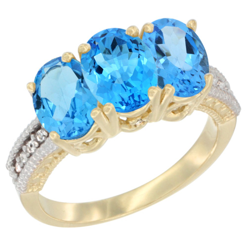 10K Yellow Gold Diamond Natural Swiss Blue Topaz Ring 3-Stone Oval 7x5 mm, sizes 5 - 10