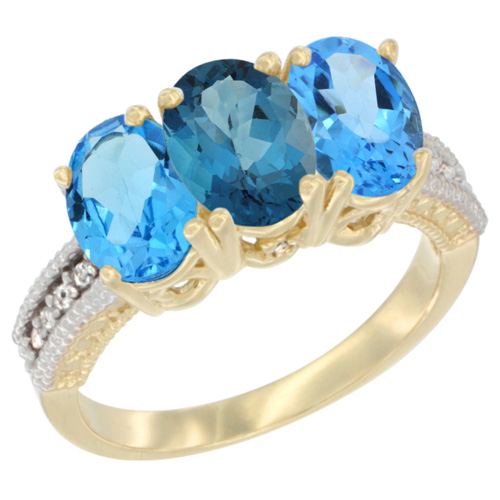 10K Yellow Gold Diamond Natural London Blue Topaz & Swiss Blue Topaz Sides Ring 3-Stone Oval 7x5 mm, sizes 5 - 10