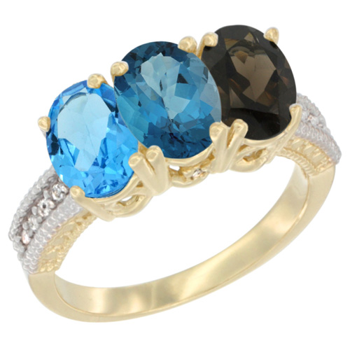 10K Yellow Gold Diamond Natural Swiss Blue Topaz, London Blue Topaz & Smoky Topaz Ring 3-Stone Oval 7x5 mm, sizes 5 - 10