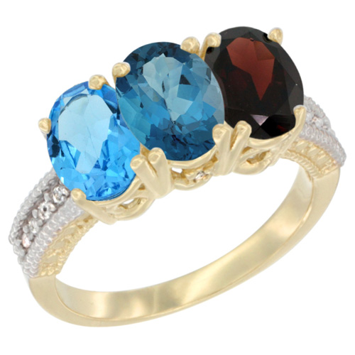10K Yellow Gold Diamond Natural Swiss Blue Topaz, London Blue Topaz & Garnet Ring 3-Stone Oval 7x5 mm, sizes 5 - 10