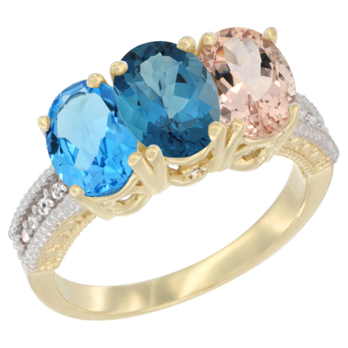 10K Yellow Gold Diamond Natural Swiss Blue Topaz, London Blue Topaz & Morganite Ring 3-Stone Oval 7x5 mm, sizes 5 - 10