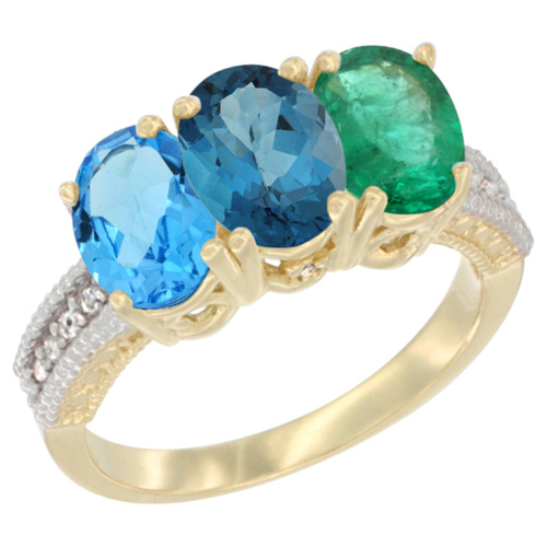 10K Yellow Gold Diamond Natural Swiss Blue Topaz, London Blue Topaz & Emerald Ring 3-Stone Oval 7x5 mm, sizes 5 - 10