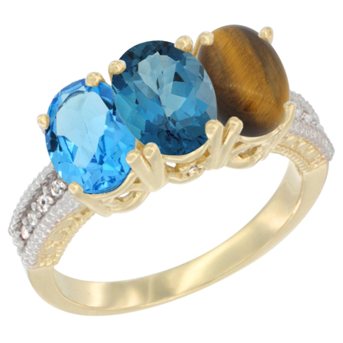 10K Yellow Gold Diamond Natural Swiss Blue Topaz, London Blue Topaz & Tiger Eye Ring 3-Stone Oval 7x5 mm, sizes 5 - 10