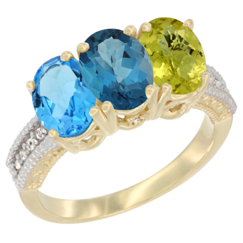 10K Yellow Gold Diamond Natural Swiss Blue Topaz, London Blue Topaz & Lemon Quartz Ring 3-Stone Oval 7x5 mm, sizes 5 - 10