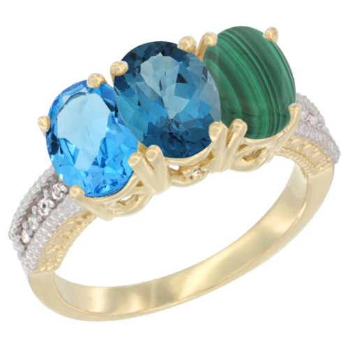 10K Yellow Gold Diamond Natural Swiss Blue Topaz, London Blue Topaz & Malachite Ring 3-Stone Oval 7x5 mm, sizes 5 - 10