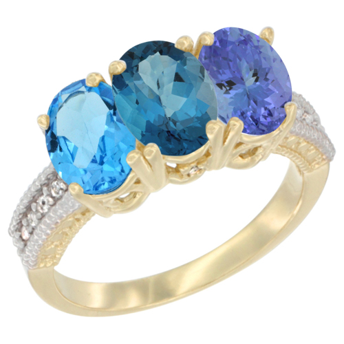 10K Yellow Gold Diamond Natural Swiss Blue Topaz, London Blue Topaz & Tanzanite Ring 3-Stone Oval 7x5 mm, sizes 5 - 10
