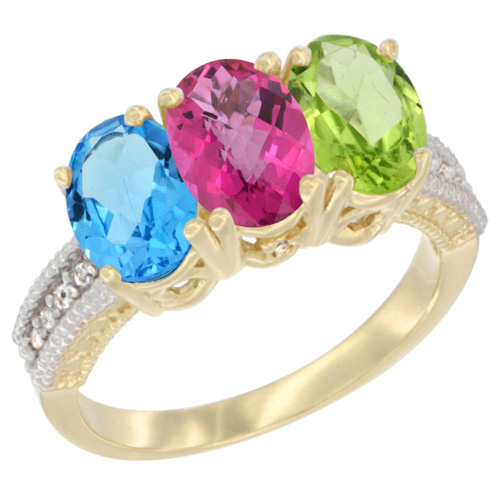 10K Yellow Gold Diamond Natural Swiss Blue Topaz, Pink Topaz & Peridot Ring 3-Stone Oval 7x5 mm, sizes 5 - 10