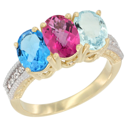 10K Yellow Gold Diamond Natural Swiss Blue Topaz, Pink Topaz & Aquamarine Ring 3-Stone Oval 7x5 mm, sizes 5 - 10