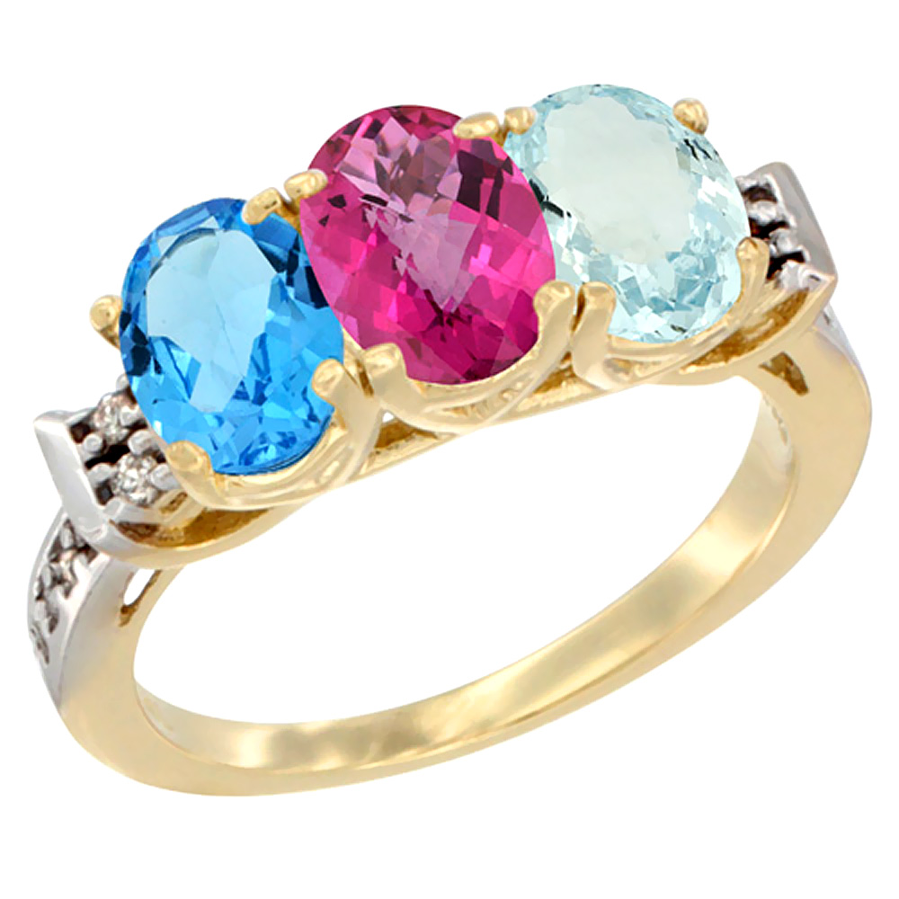 10K Yellow Gold Natural Swiss Blue Topaz, Pink Topaz & Aquamarine Ring 3-Stone Oval 7x5 mm Diamond Accent, sizes 5 - 10