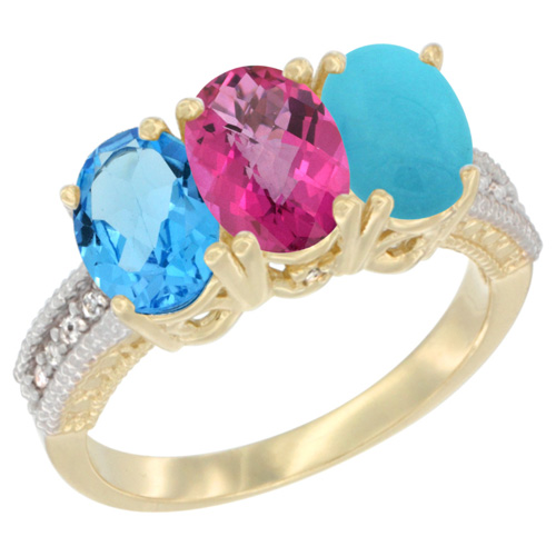 10K Yellow Gold Diamond Natural Swiss Blue Topaz, Pink Topaz & Turquoise Ring 3-Stone Oval 7x5 mm, sizes 5 - 10