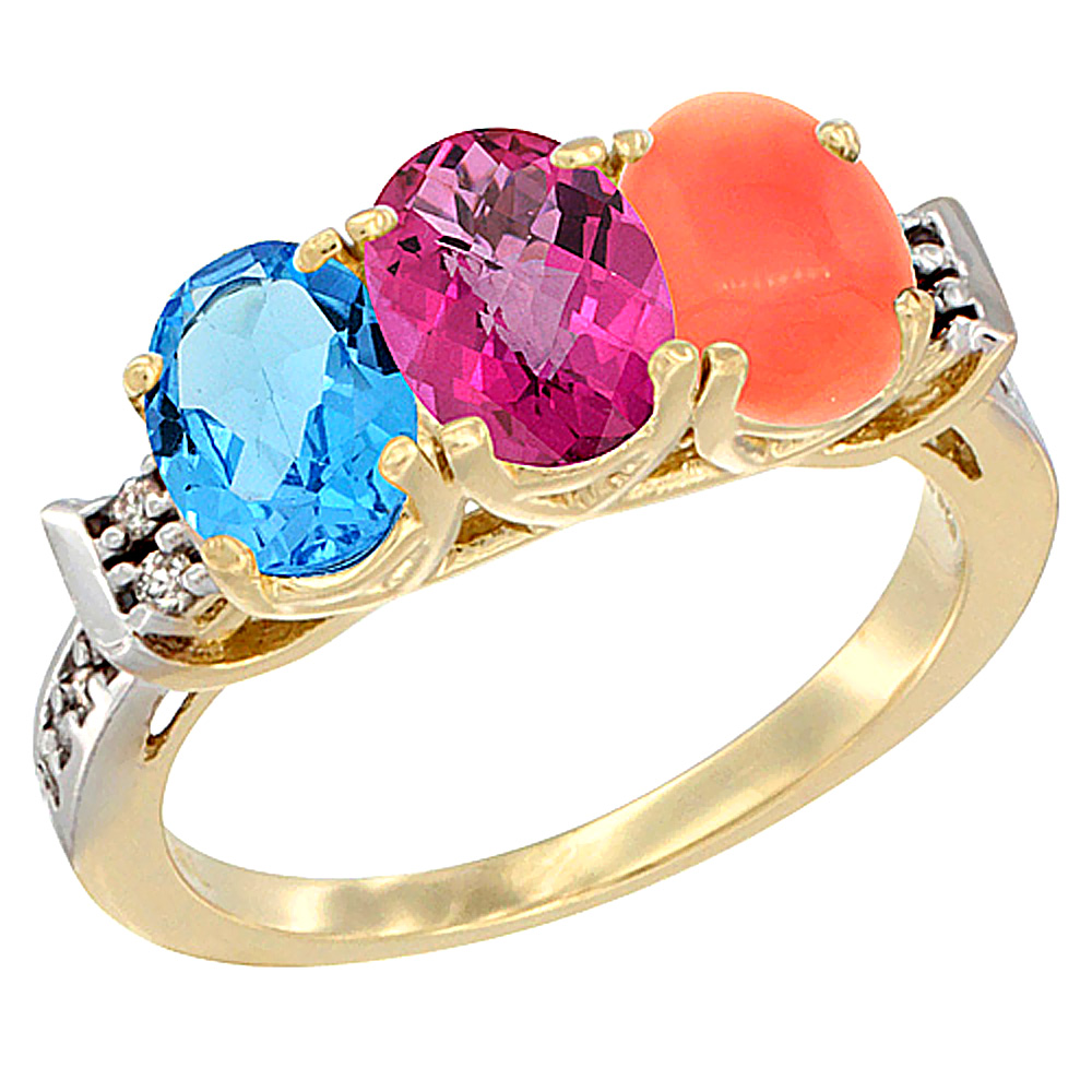 10K Yellow Gold Natural Swiss Blue Topaz, Pink Topaz & Coral Ring 3-Stone Oval 7x5 mm Diamond Accent, sizes 5 - 10