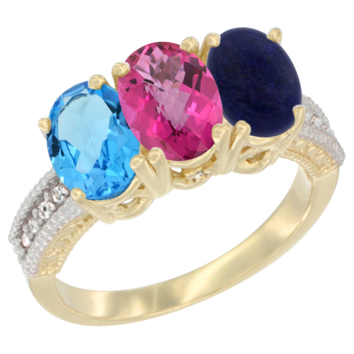 10K Yellow Gold Diamond Natural Swiss Blue Topaz, Pink Topaz & Lapis Ring 3-Stone Oval 7x5 mm, sizes 5 - 10