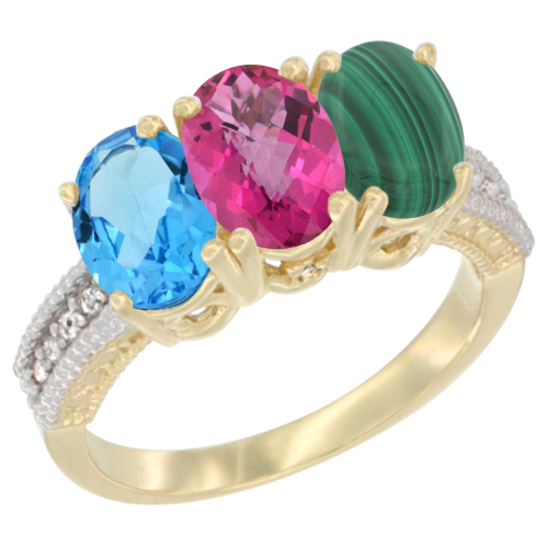 10K Yellow Gold Diamond Natural Swiss Blue Topaz, Pink Topaz & Malachite Ring 3-Stone Oval 7x5 mm, sizes 5 - 10