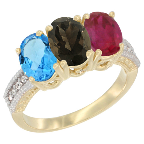 14K Yellow Gold Natural Swiss Blue Topaz, Smoky Topaz & Enhanced Ruby Ring 3-Stone 7x5 mm Oval Diamond Accent, sizes 5 - 10