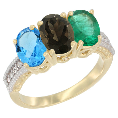 14K Yellow Gold Natural Swiss Blue Topaz, Smoky Topaz & Emerald Ring 3-Stone 7x5 mm Oval Diamond Accent, sizes 5 - 10