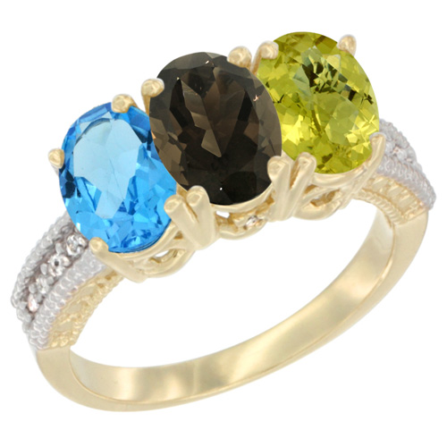 14K Yellow Gold Natural Swiss Blue Topaz, Smoky Topaz & Lemon Quartz Ring 3-Stone 7x5 mm Oval Diamond Accent, sizes 5 - 10