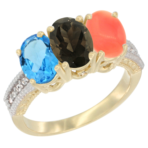 14K Yellow Gold Natural Swiss Blue Topaz, Smoky Topaz & Coral Ring 3-Stone 7x5 mm Oval Diamond Accent, sizes 5 - 10