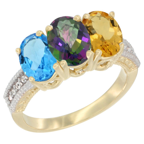 14K Yellow Gold Natural Swiss Blue Topaz, Mystic Topaz & Citrine Ring 3-Stone 7x5 mm Oval Diamond Accent, sizes 5 - 10