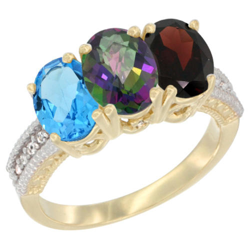 14K Yellow Gold Natural Swiss Blue Topaz, Mystic Topaz & Garnet Ring 3-Stone 7x5 mm Oval Diamond Accent, sizes 5 - 10