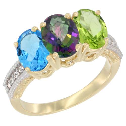 14K Yellow Gold Natural Swiss Blue Topaz, Mystic Topaz & Peridot Ring 3-Stone 7x5 mm Oval Diamond Accent, sizes 5 - 10