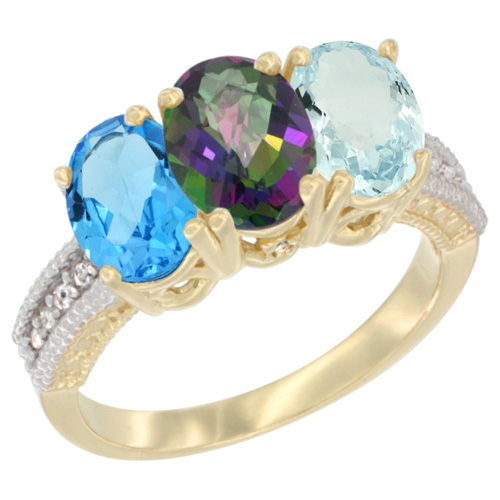 14K Yellow Gold Natural Swiss Blue Topaz, Mystic Topaz & Aquamarine Ring 3-Stone 7x5 mm Oval Diamond Accent, sizes 5 - 10