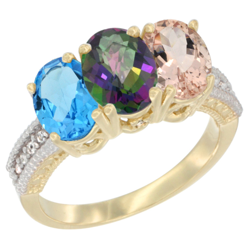 14K Yellow Gold Natural Swiss Blue Topaz, Mystic Topaz & Morganite Ring 3-Stone 7x5 mm Oval Diamond Accent, sizes 5 - 10