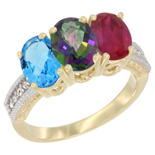 14K Yellow Gold Natural Swiss Blue Topaz, Mystic Topaz & Enhanced Ruby Ring 3-Stone 7x5 mm Oval Diamond Accent, sizes 5 - 10