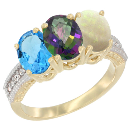 14K Yellow Gold Natural Swiss Blue Topaz, Mystic Topaz & Opal Ring 3-Stone 7x5 mm Oval Diamond Accent, sizes 5 - 10