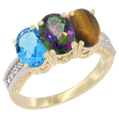 14K Yellow Gold Natural Swiss Blue Topaz, Mystic Topaz & Tiger Eye Ring 3-Stone 7x5 mm Oval Diamond Accent, sizes 5 - 10