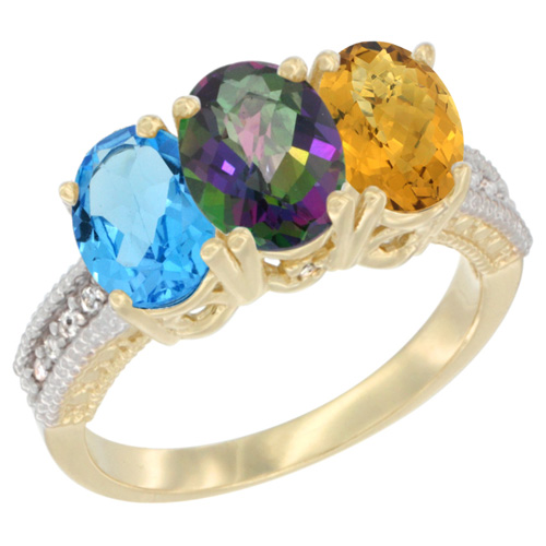 14K Yellow Gold Natural Swiss Blue Topaz, Mystic Topaz & Whisky Quartz Ring 3-Stone 7x5 mm Oval Diamond Accent, sizes 5 - 10